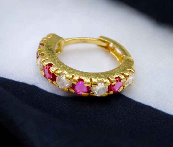 18K Real Gold Nose ring (Nath) with pink & white stones