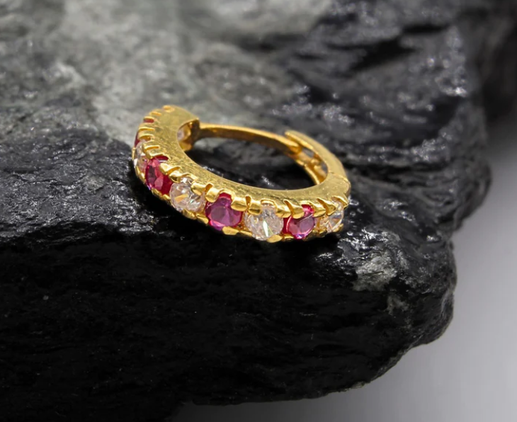18K Real Gold Nose ring (Nath) with pink & white stones