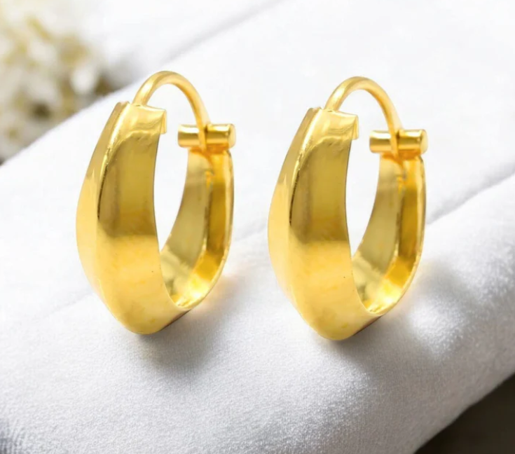18K Solid Yellow Gold hinged hoop V earings