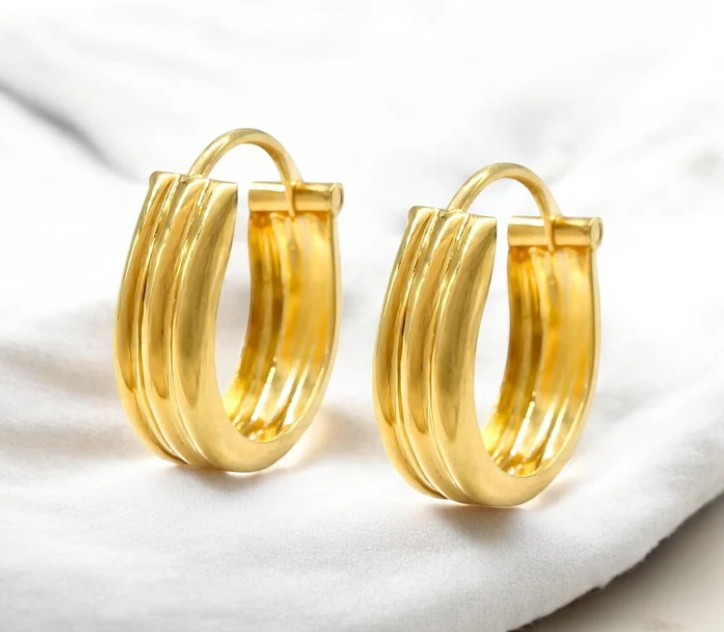 18K Solid Yellow Gold hinged hoop three line earrings