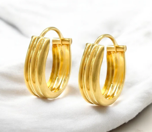 18K Solid Yellow Gold hinged hoop three line earrings