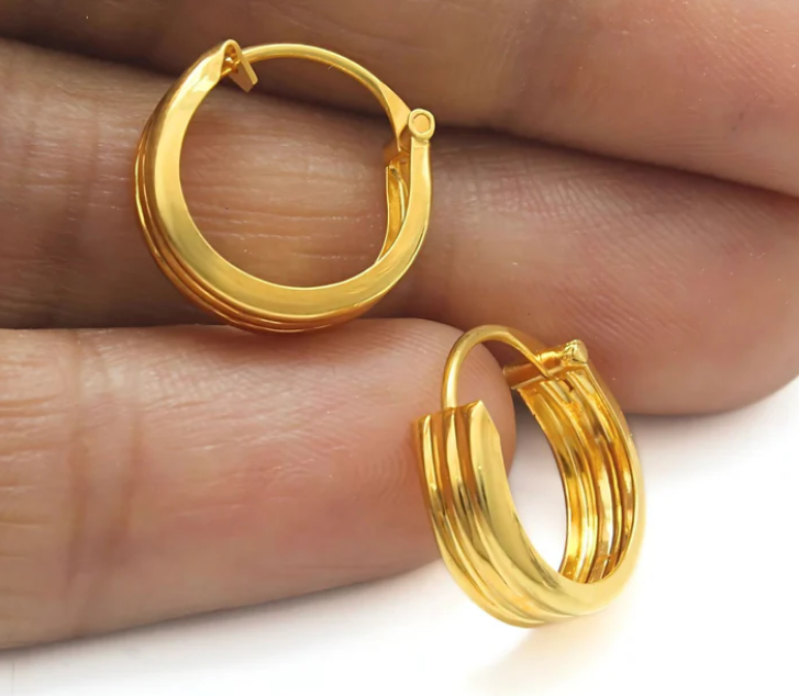 18K Solid Yellow Gold hinged hoop three line earrings