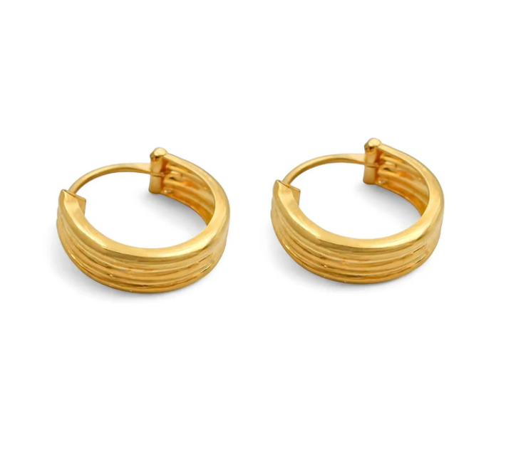 18K Solid Yellow Gold hinged hoop three line earrings