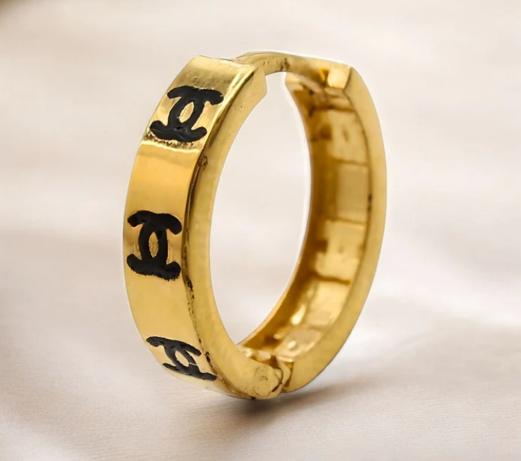 18K Solid Yellow Gold hinged hoop double C design earrings