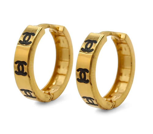 18K Solid Yellow Gold hinged hoop double C design earrings