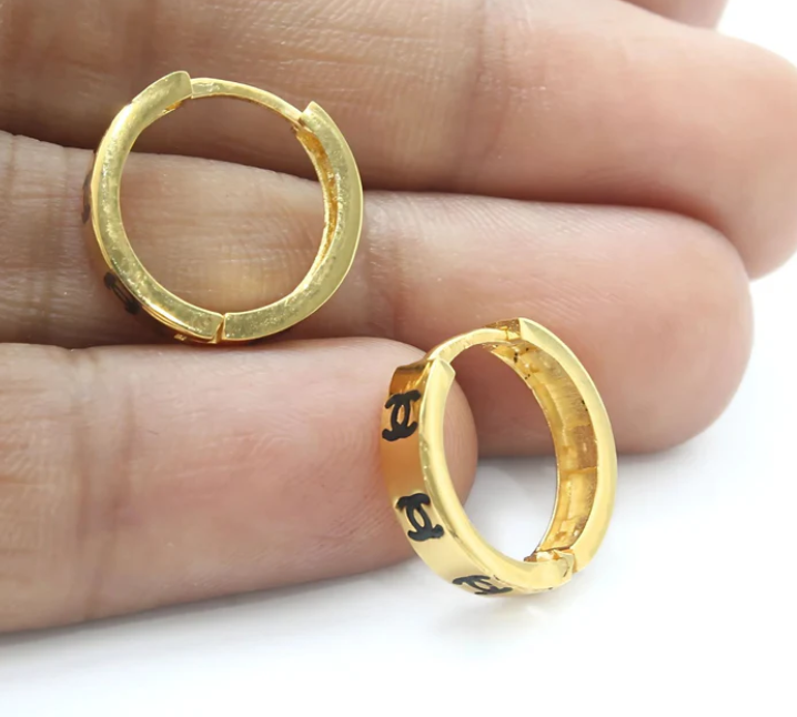 18K Solid Yellow Gold hinged hoop double C design earrings