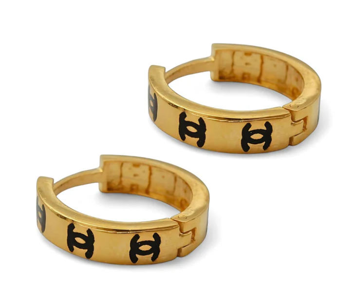 18K Solid Yellow Gold hinged hoop double C design earrings