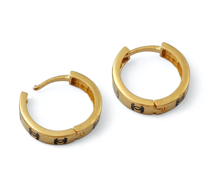 18K Solid Yellow Gold hinged hoop double C design earrings