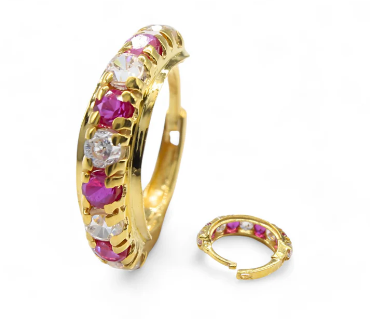18K Real Gold Nose ring (Nath) with pink & white stones Indian stylish for women
