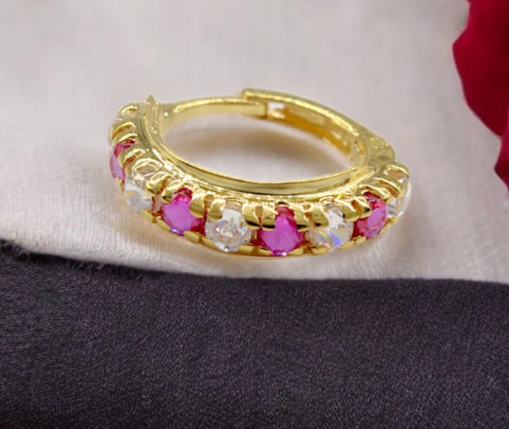 18K Real Gold Nose ring (Nath) with pink & white stones Indian stylish for women