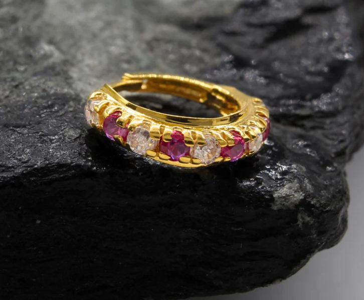 18K Real Gold Nose ring (Nath) with pink & white stones Indian stylish for women